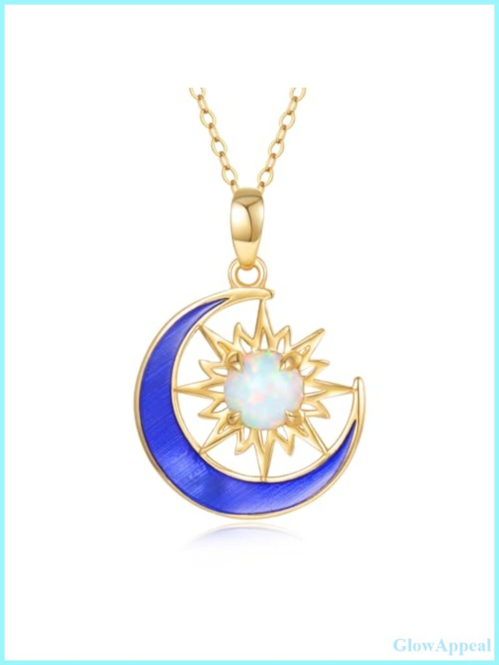 14K Solid Gold Sun Moon Necklace Opal Pendant 16-18"